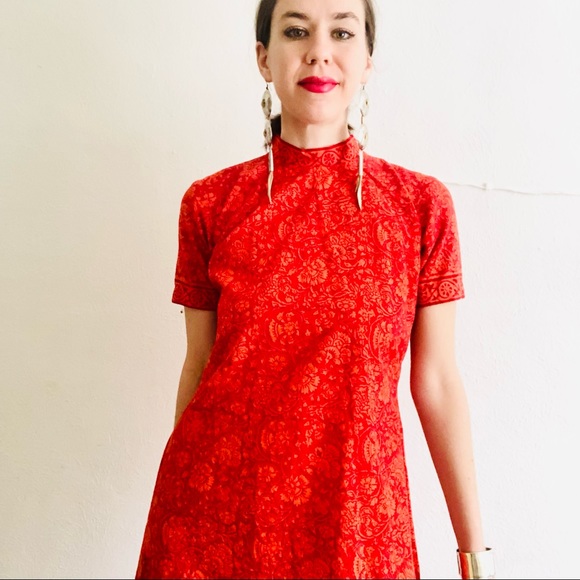 90s VTG Cotton Orange Indian Floral Handblock Printed Summer Dress Size Small - Picture 4 of 8